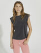 Tee-shirt en coton bio gris délavé pattes épaules femme-1