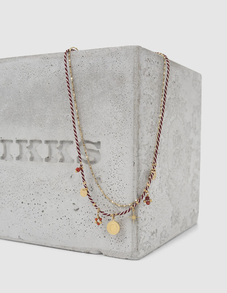 Collier multi rangs m&eacute;daille dor&eacute;e et pierre de Cornaline femme-5