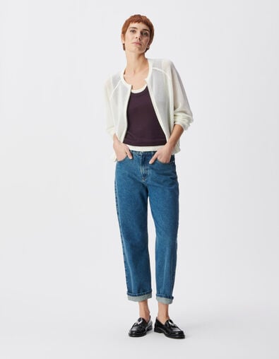 Cardigan zipp&eacute; blanc tricot ajour&eacute; Femme - IKKS