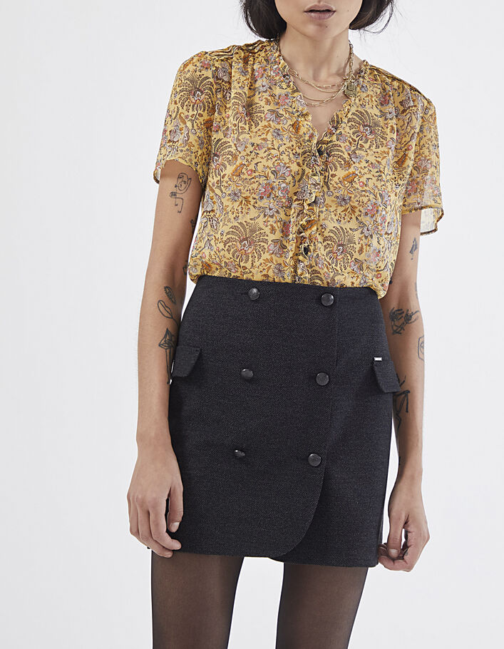 Women’s metallic floral print ruffled collar voile top-2