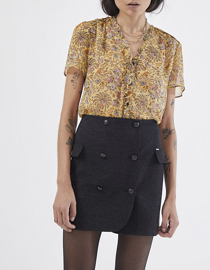 Damenvoiletop mit Metallic-Blumenprint und R&uuml;schenkragen-2