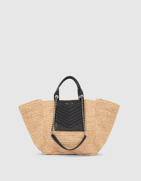 Women’s beige raffia 1440 bag with quilted leather pocket