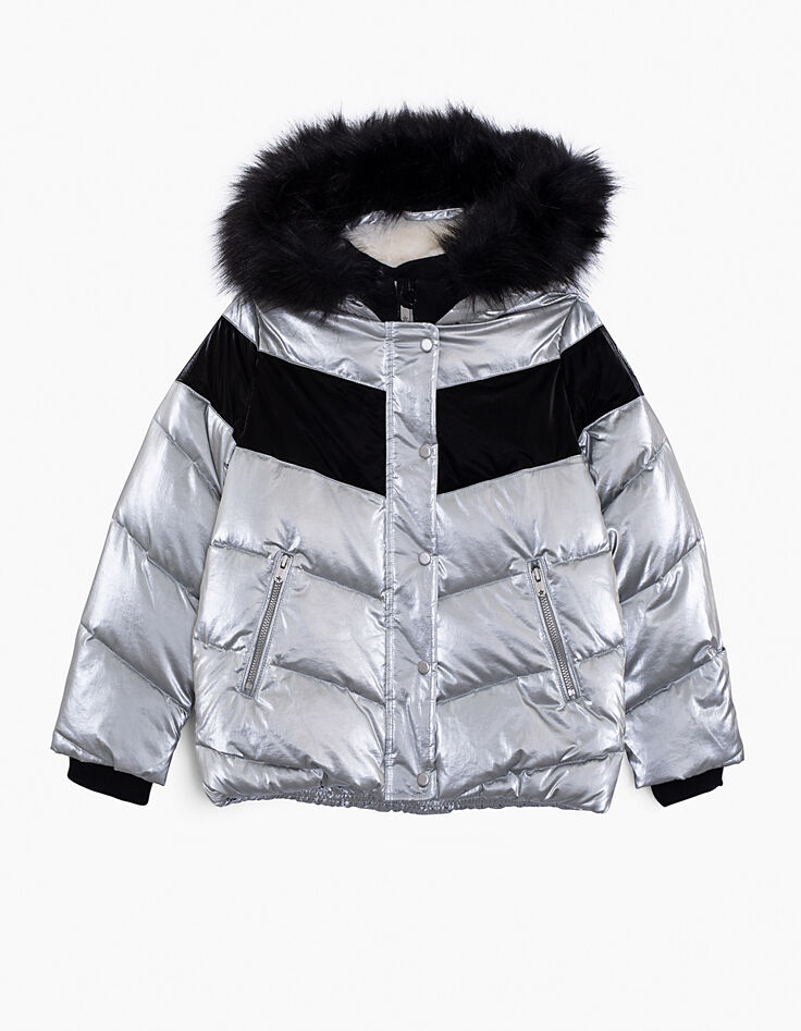Doudoune argent et noire garnissage plumes fille-2