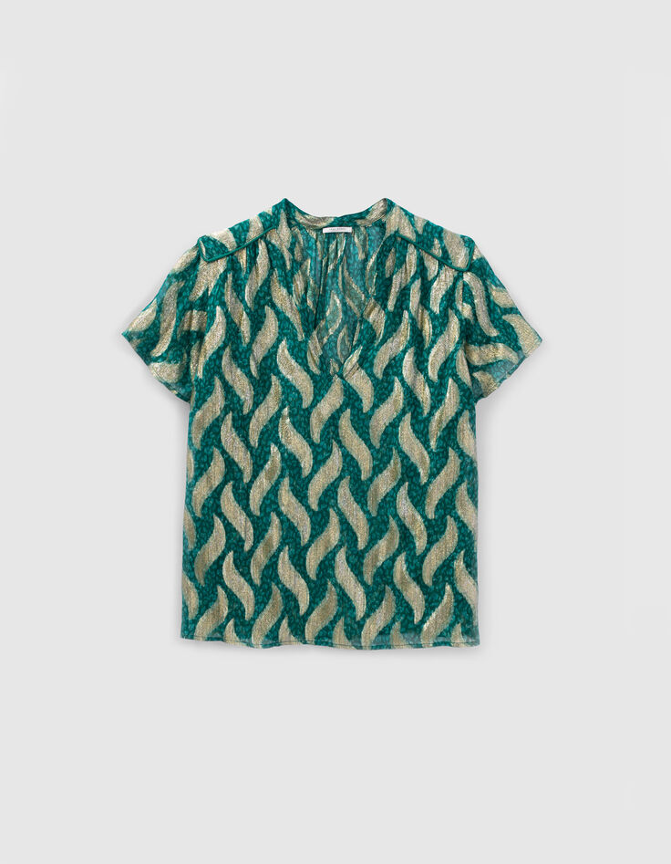 Smaragdgroene top goudkleurige bladprint Dames-6