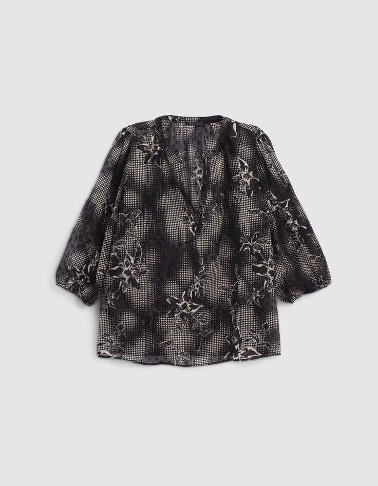 Women’s black blouse with ecru dandy flower print-6 Women’s black blouse with ecru dandy flower print-6