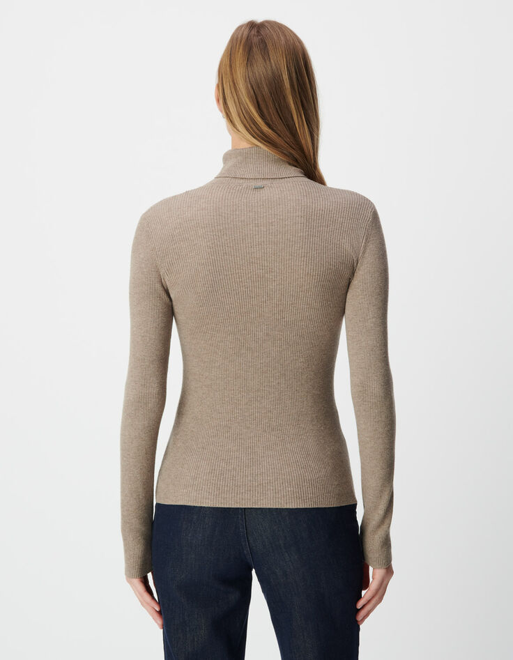 Pull col roulé beige tricot Femme-3