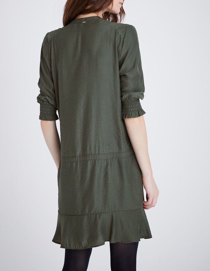 Women’s khaki upcycled satin dress with drawstring waist-3