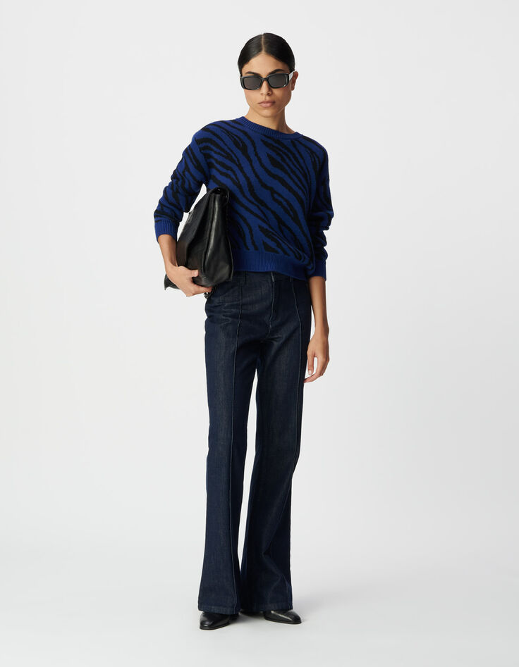 Blauer Damen-Croppedstrickpulli Zebramuster-2