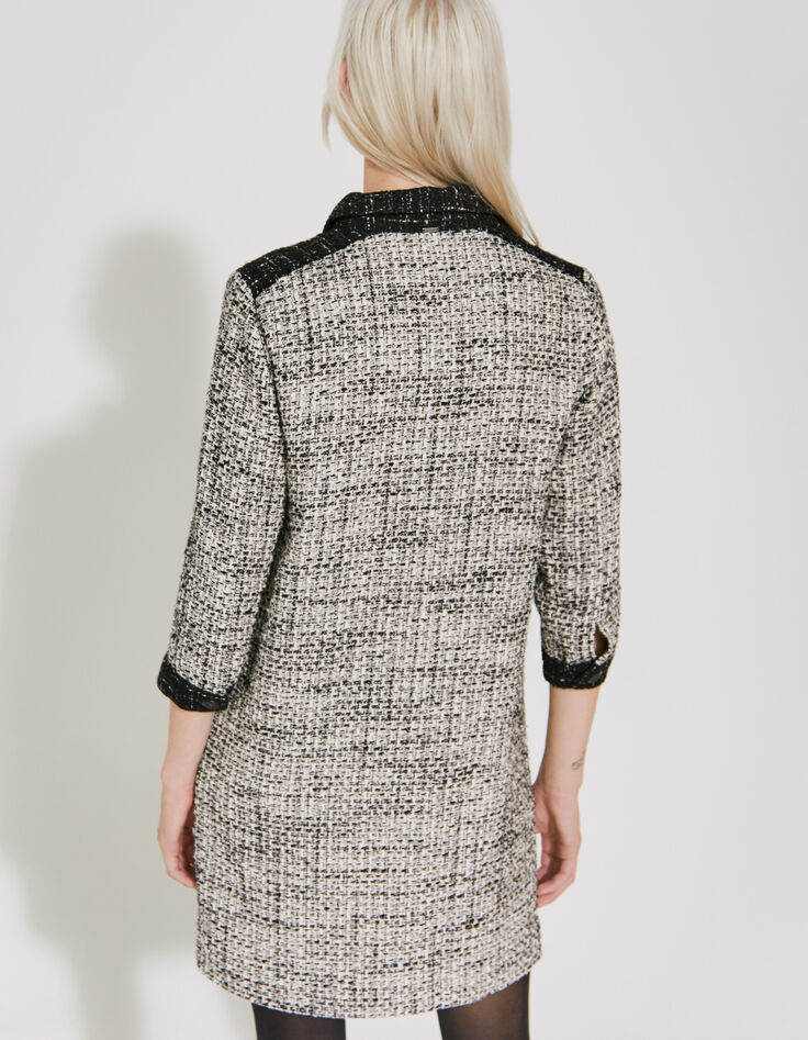 Vestido camisero tweed flecos blanco y negro mujer-2