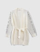 Women’s ecru knit belted cardigan with slogans on sleeves-5