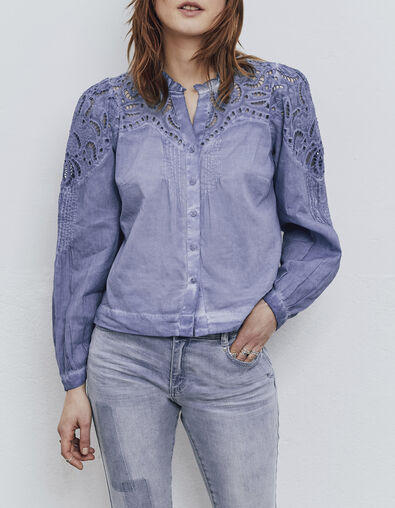 Women’s blue acid-washed blouse with embroidery - IKKS