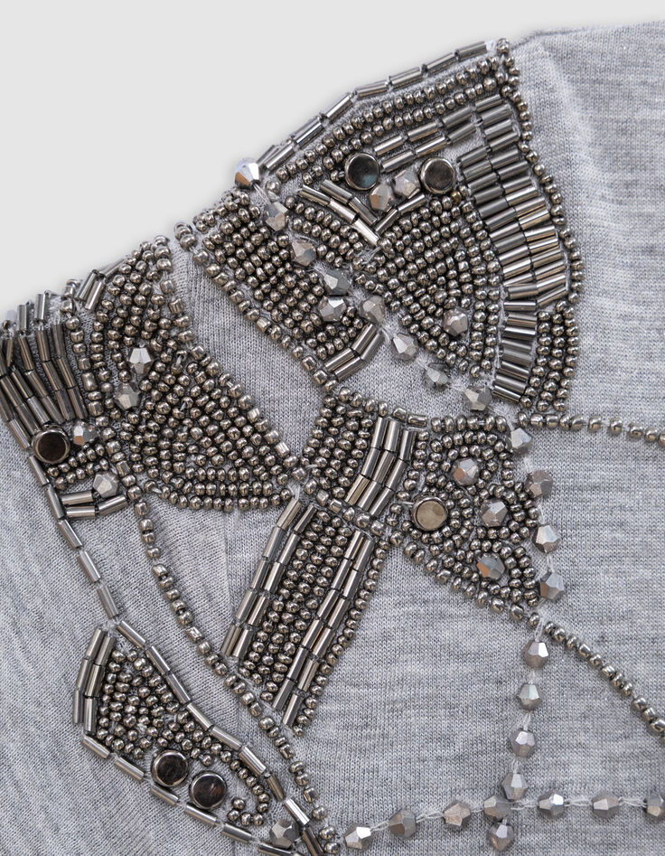 Tee-shirt gris décor perles métallisées épaule Femme-6
