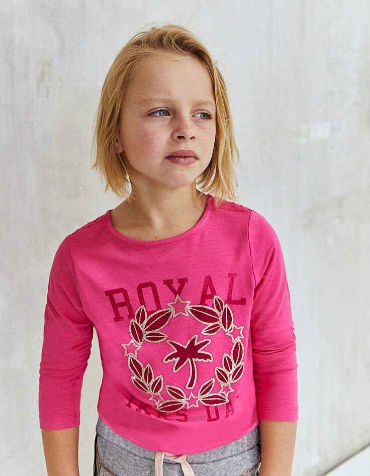 Tee-shirt fuchsia à dos bi-matière boutonné fille-1
