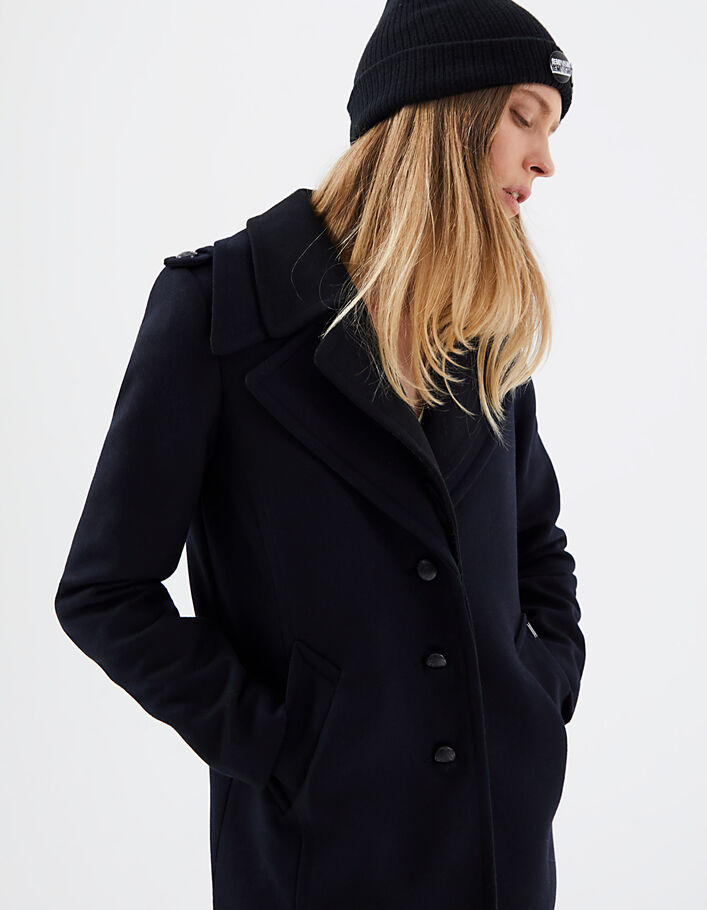Women’s navy mid-length wool cloth pea coat, double collar - IKKS
