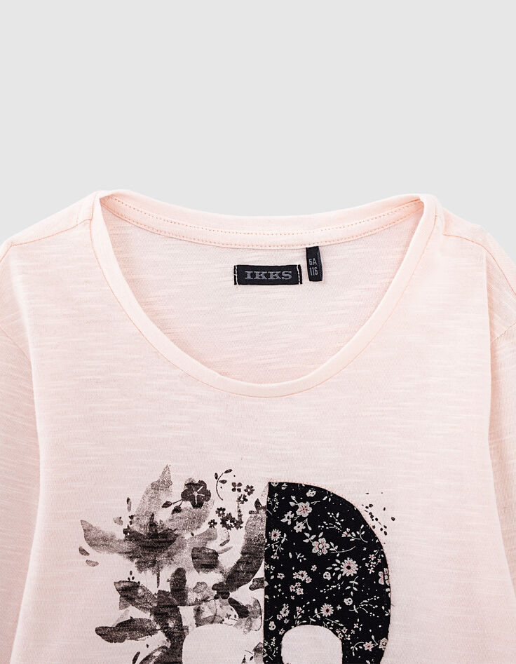 Camiseta rosa pálido con calavera de flores niña-5
