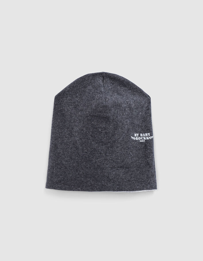Gorro reversible gris jaspeado y rayas algodón bio bebé-3