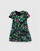 Girls’ black dress with tropical print-1