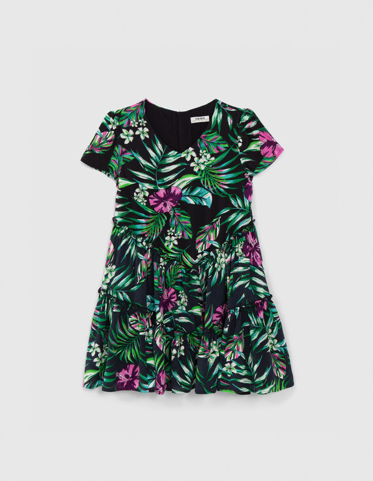 Girls’ black dress with tropical print-1