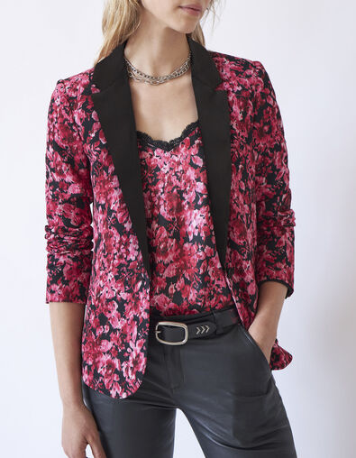 Damenchiffonblazer mit rosa Blumenprint und Kragen - IKKS