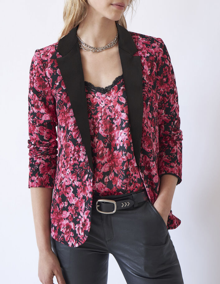 Women’s pink floral print crepe suit jacket, black collar - IKKS