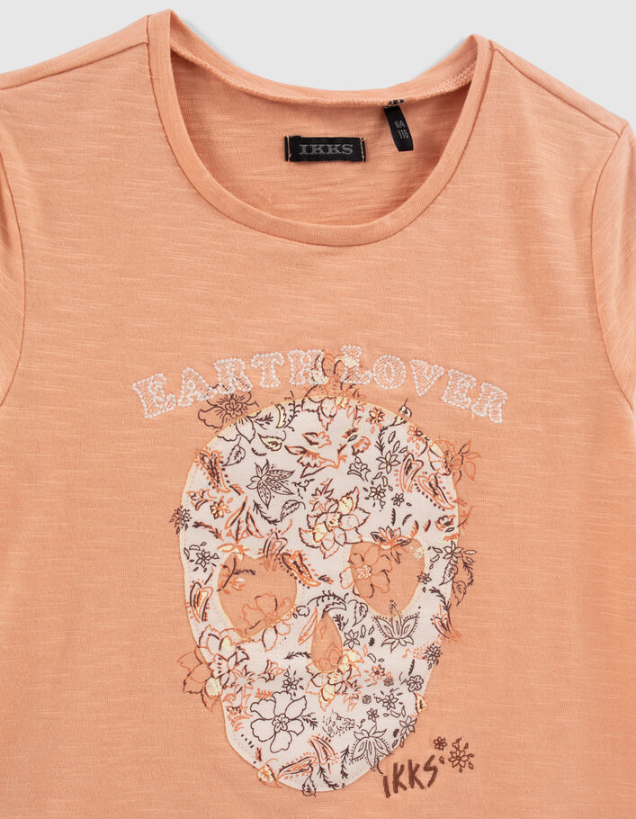 Orangefarbenes Mädchen-T-Shirt mit geblümtem Totenkopf - IKKS