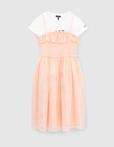 2-in-1 jurk blush tule gesmokt en T-shirt met tekst - IKKS