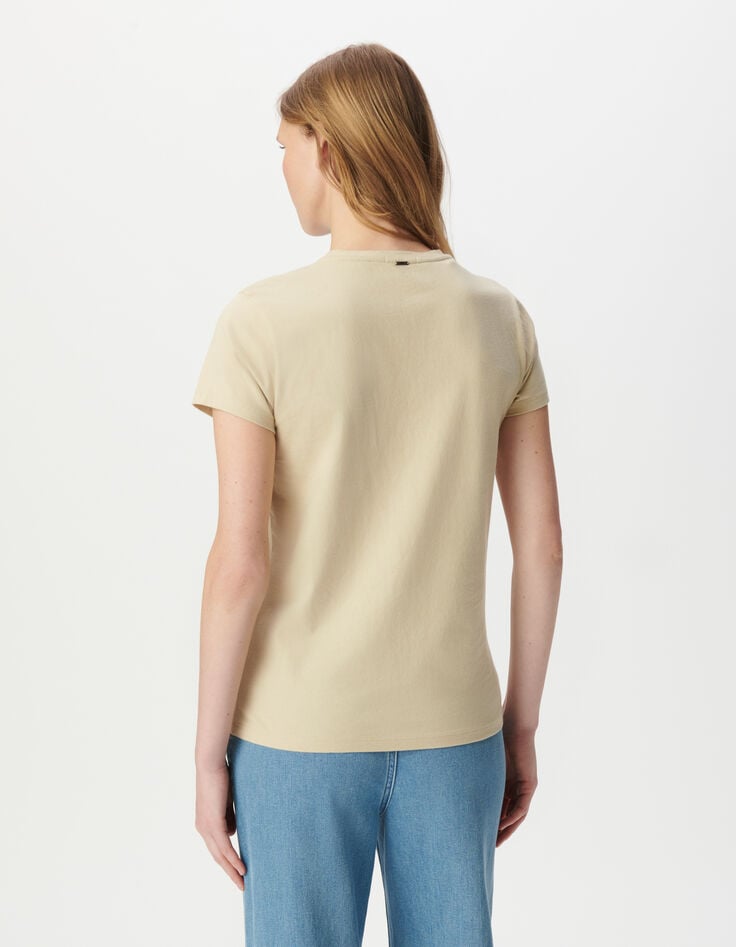 Beiges Damen-T-Shirt Schriftzug gestickte Buchstaben-3 Beiges Damen-T-Shirt Schriftzug gestickte Buchstaben-3