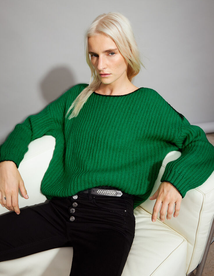 Grof gebreide groene trui met mohair dames-5
