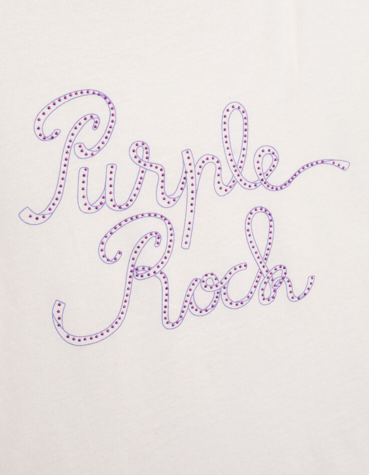 Weißes Damen-T-Shirt mit Message und Ziernieten in Lila-4