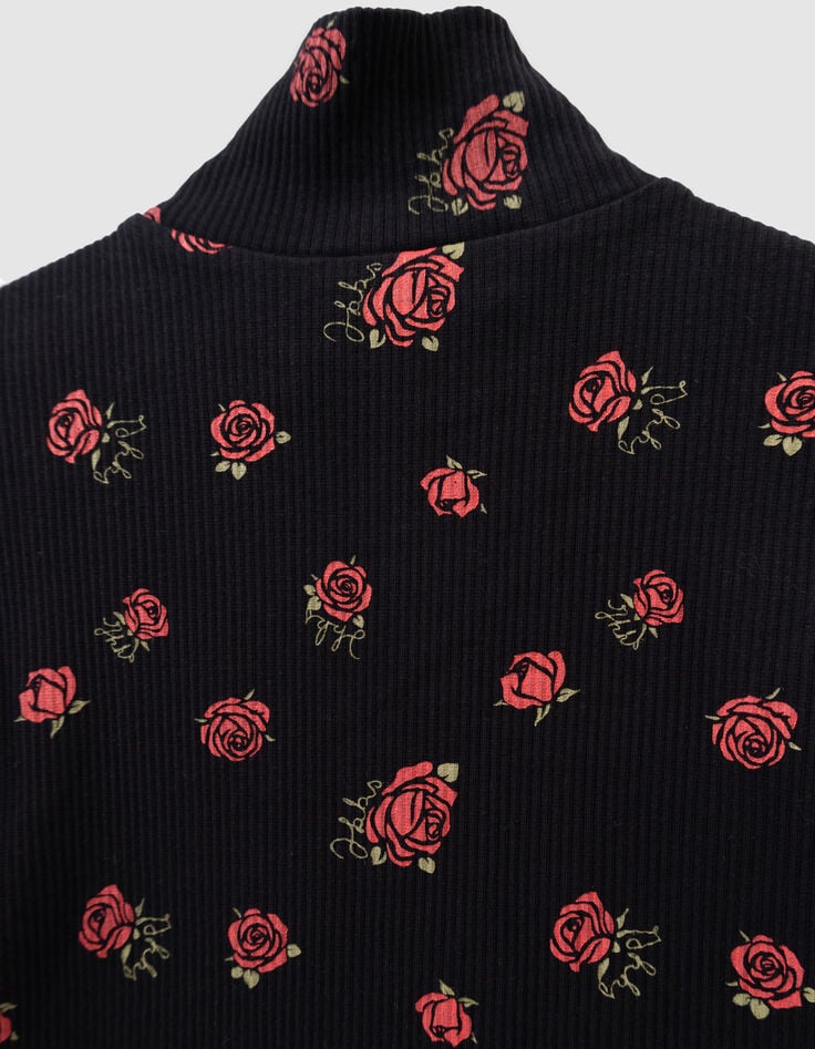 Schwarzes Mädchen-T-Shirt lange Ärmel gerippt Rosenprint-8 Schwarzes Mädchen-T-Shirt lange Ärmel gerippt Rosenprint-8