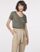 Women’s khaki linen T-shirt, leopard sleeves-2