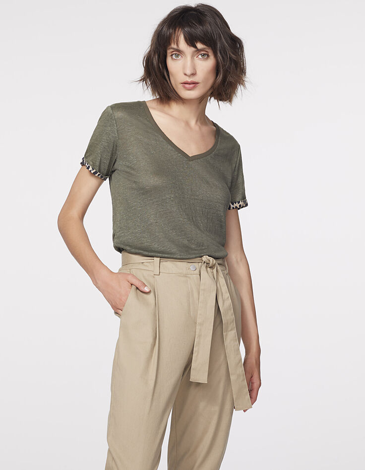 Women’s khaki linen T-shirt, leopard sleeves-2