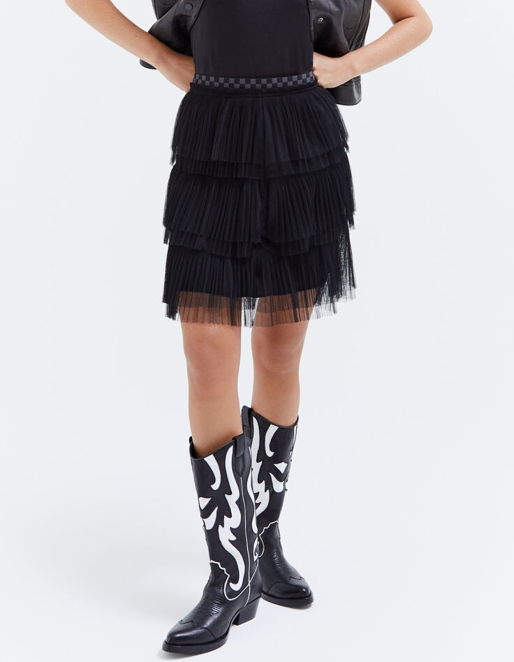 Women’s black checkerboard pleated tulle short skirt-1