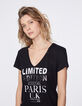 Women’s black metallic print linen V-neck T-shirt-4