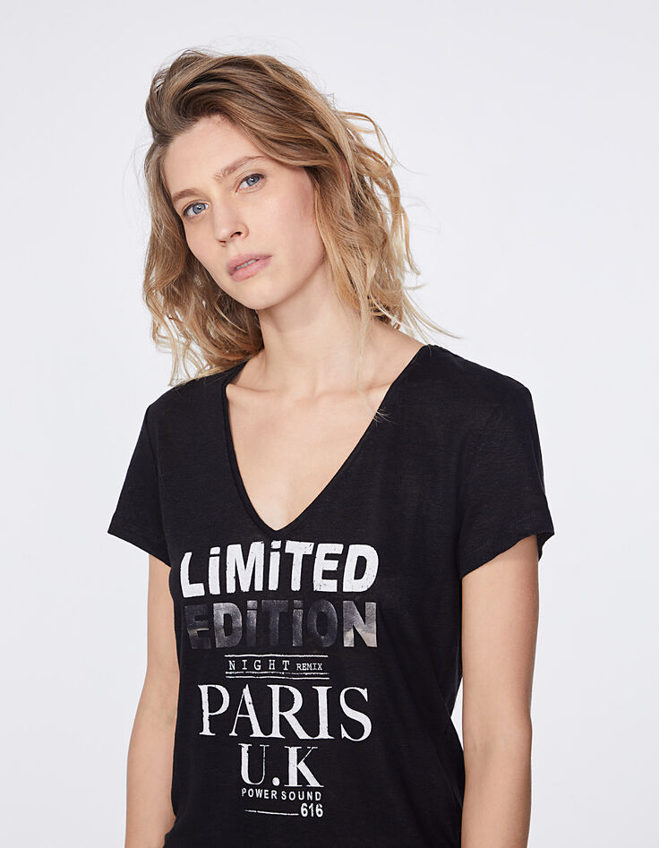Women’s black metallic print linen V-neck T-shirt-4