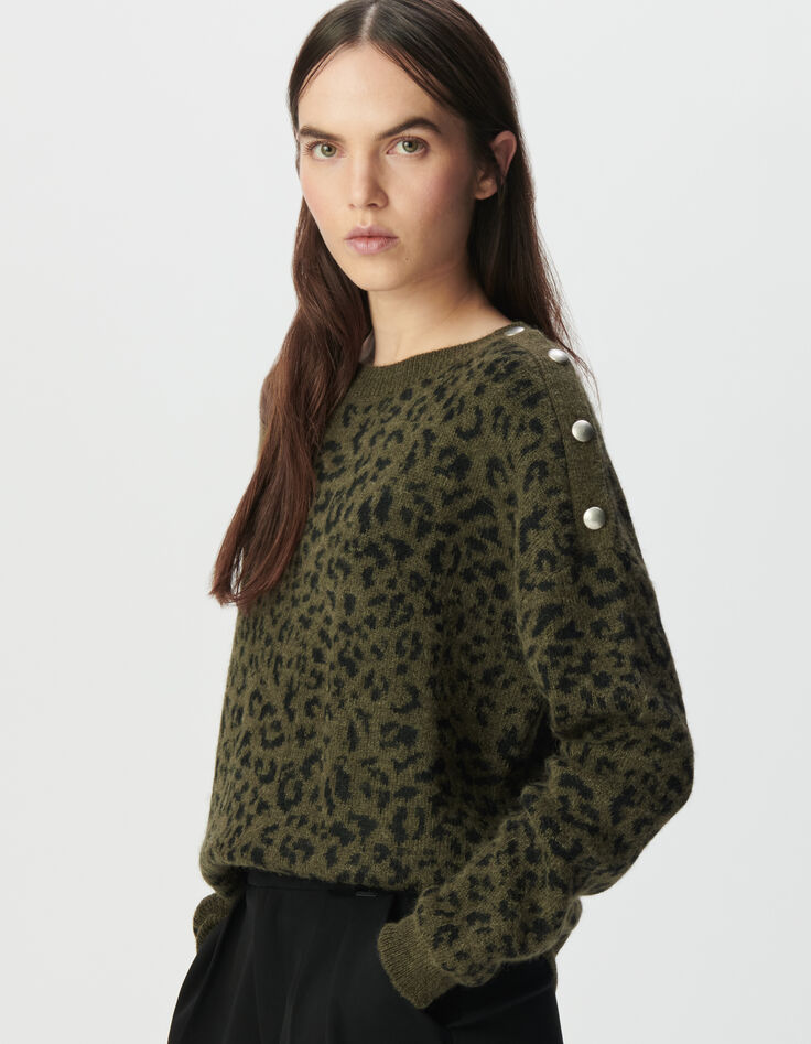 Khaki Damen-Winterpulli Jacquard-Strick Leomuster-3