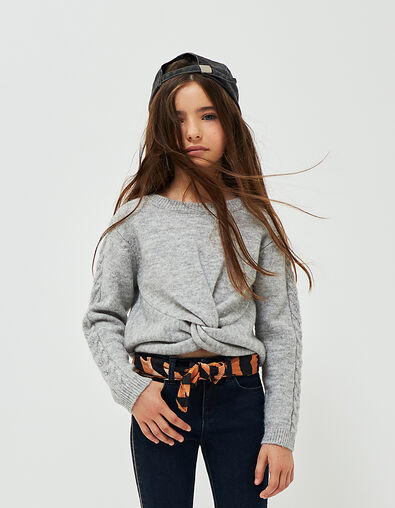 Girls’ mid-grey marl knit sweater with twisted bow - IKKS