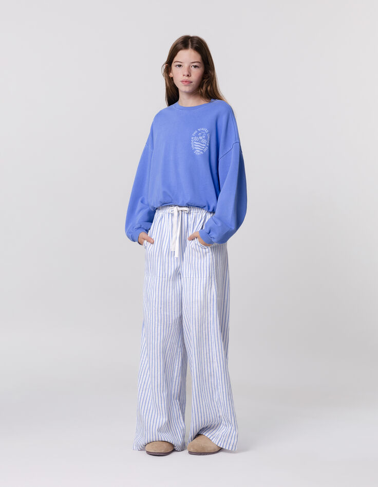 Pantalon LARGE blanc rayures bleues fille-1