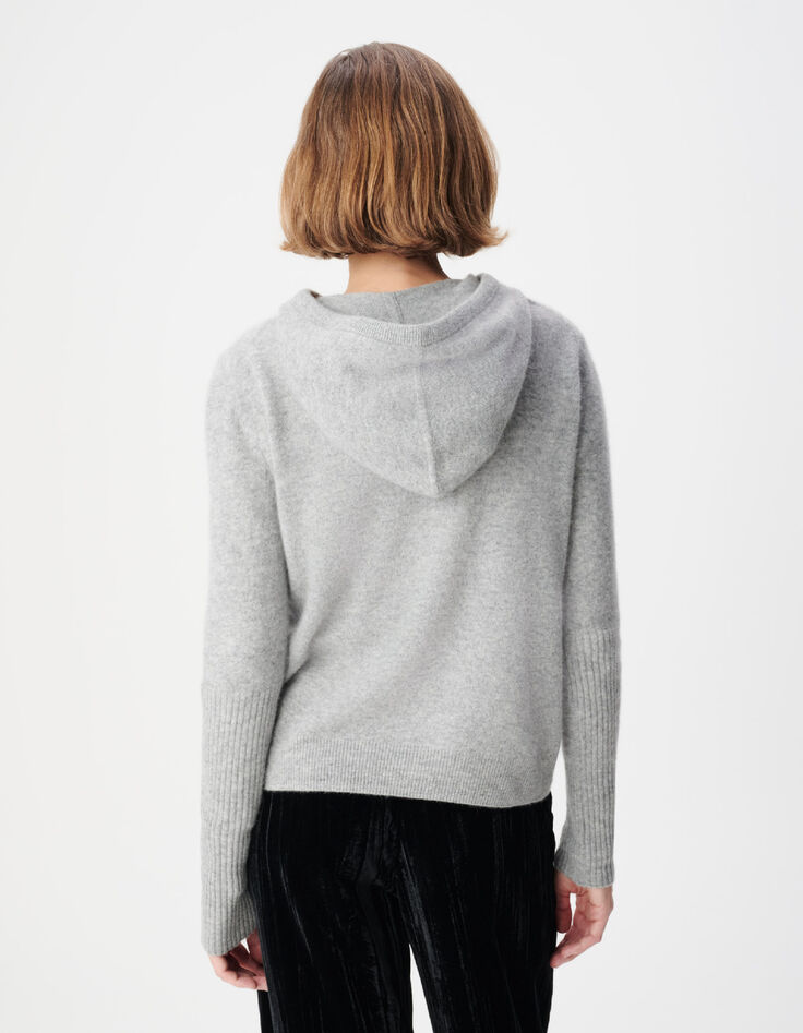 Pull &agrave; capuche gris tricot 100% cachemire Femme-3