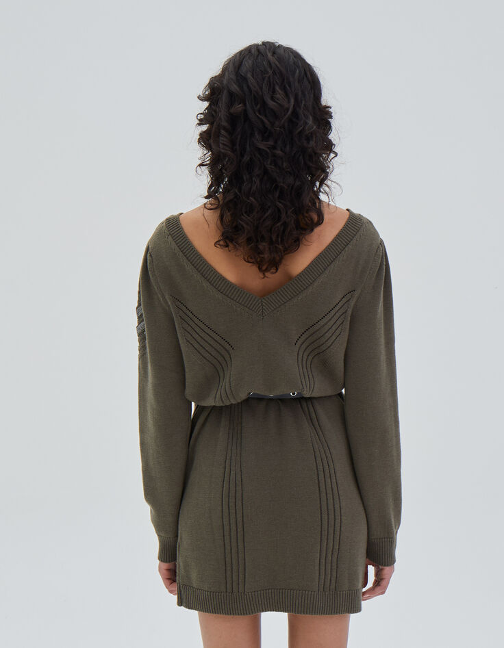 Vestido corto caqui punto juego puntos espigas mujer-3