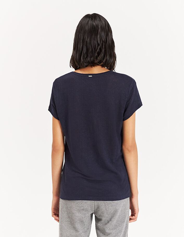Marineblaues Damen-T-Shirt aus Leinen mit V-Ausschnitt mit geflocktem Veloursschriftzug - IKKS