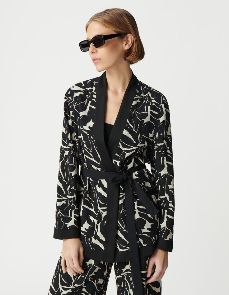 Chaqueta de mujer reversible negra con estampado de flores de cebra-2