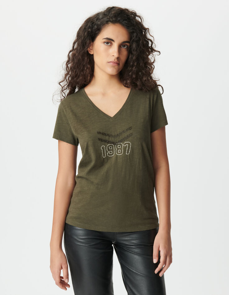 Tee-shirt kaki coton bio chevrons perles brodées Femme-2