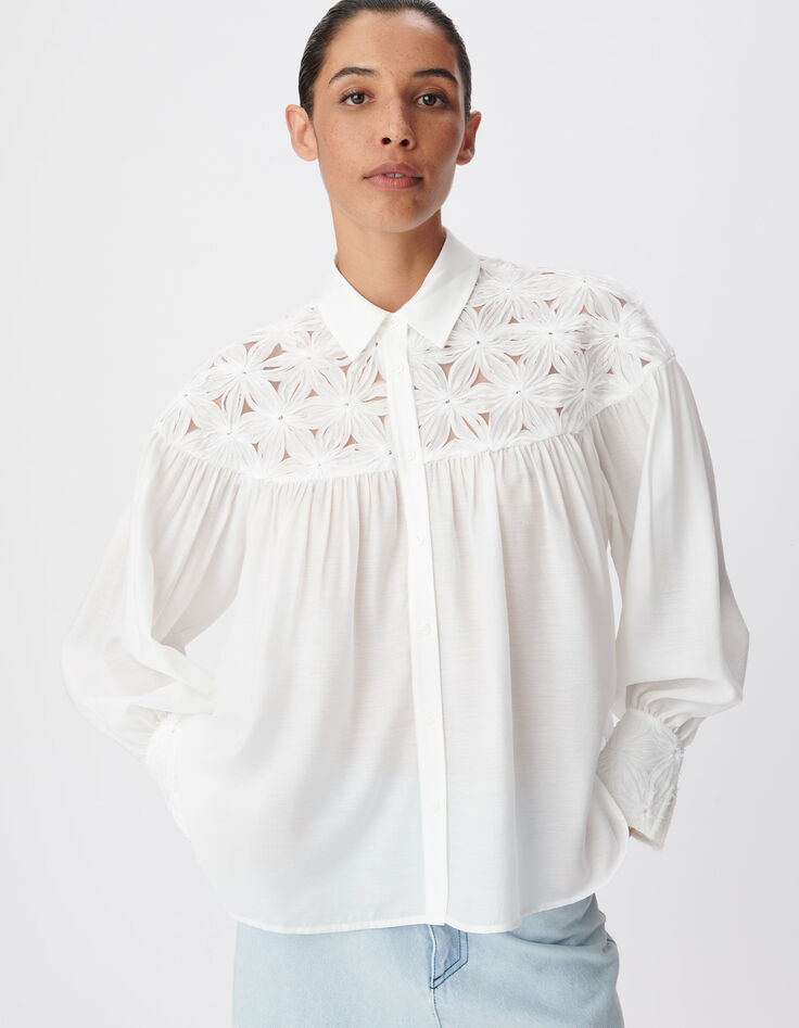 Chemise fluide blanche d&eacute;tails fleurs Femme-3