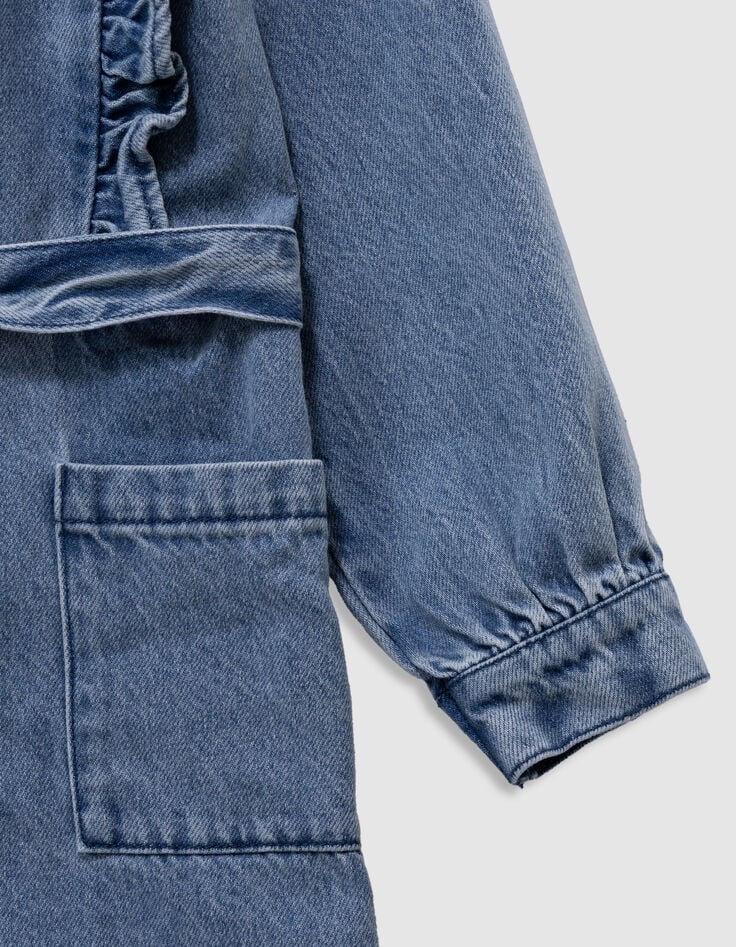 Robe en jean bleu ceinturée détails volants fille-5 Robe en jean bleu ceinturée détails volants fille-5