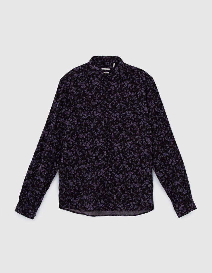 Men’s black LENZING™ ECOVERO™ SLIM shirt with dark purple flower motif-12