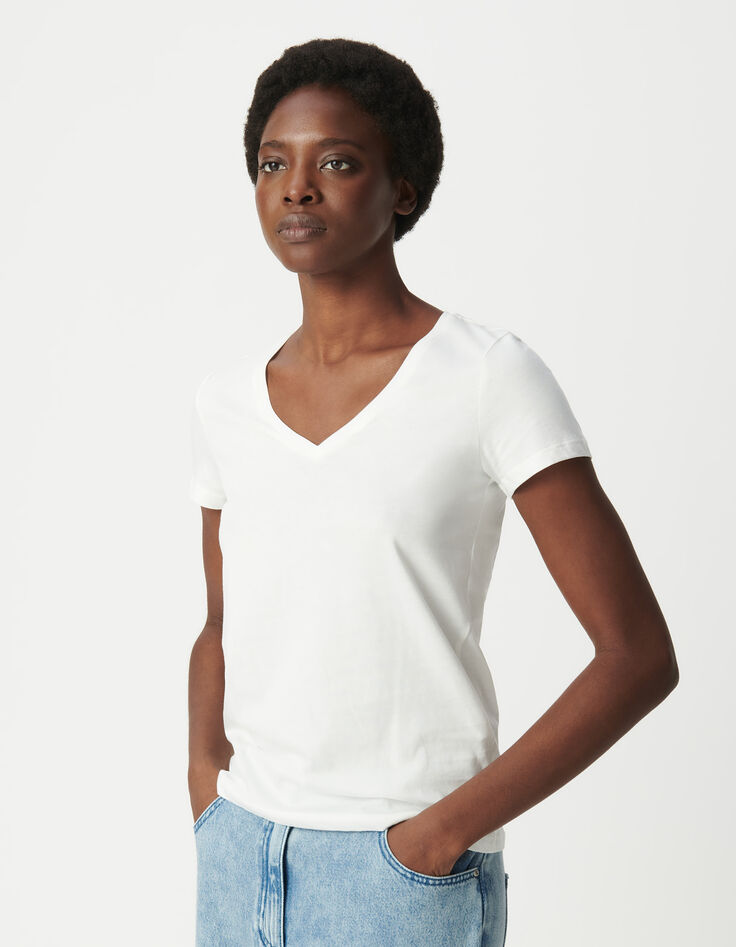 Damen-T-Shirt écru V-Ausschnitt Stickerei Fischgrätenmuster Rücken-2
