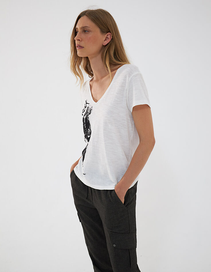 Tee-shirt col V en coton flammé visuel silhouette femme-2