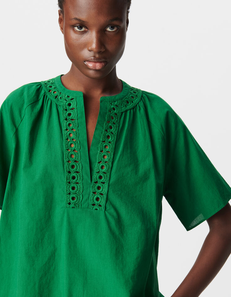 Blouse ample verte coton bio encolure brodée Femme-4 Blouse ample verte coton bio encolure brodée Femme-4
