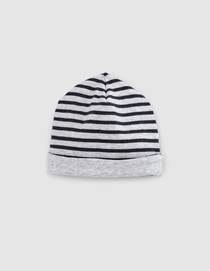 Bonnet réversible mastic chiné et rayé coton bio bébé-2